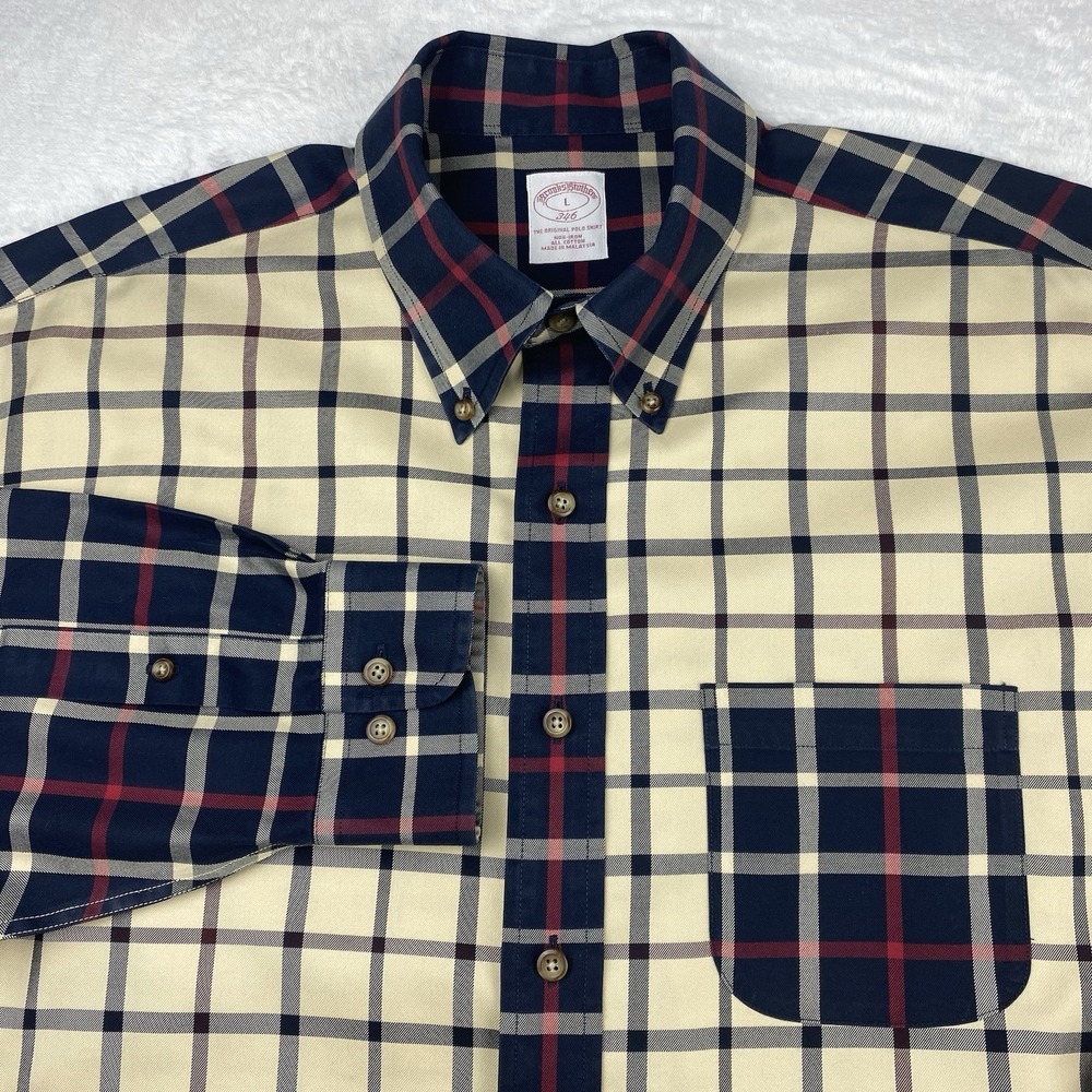 Brooks Brothers Shirt Mens Large Blue/Tan/Red Color Block Checks No Iron